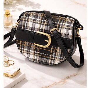 Patricia Nash Annfield Black White Plaid Saddle Bag Top Handle Satchel Crossbody